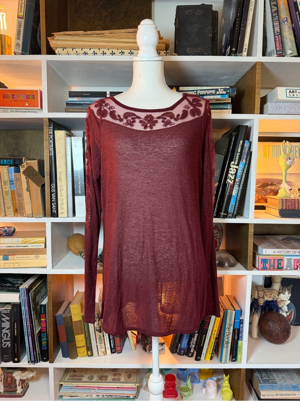 Sheer Embroidered Yoke Long-Sleeve Top - Burgundy